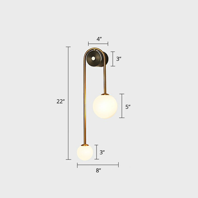 Brass Arc Wall Lighting Postmodern 2-Head Metal Sconce Light with Ball Opal Glass Shade Clearhalo 'Cast Iron' 'Glass' 'Industrial' 'Modern wall lights' 'Modern' 'Tiffany' 'Traditional wall lights' 'Wall Lamps & Sconces' 'Wall Lights' Lighting' 2353451