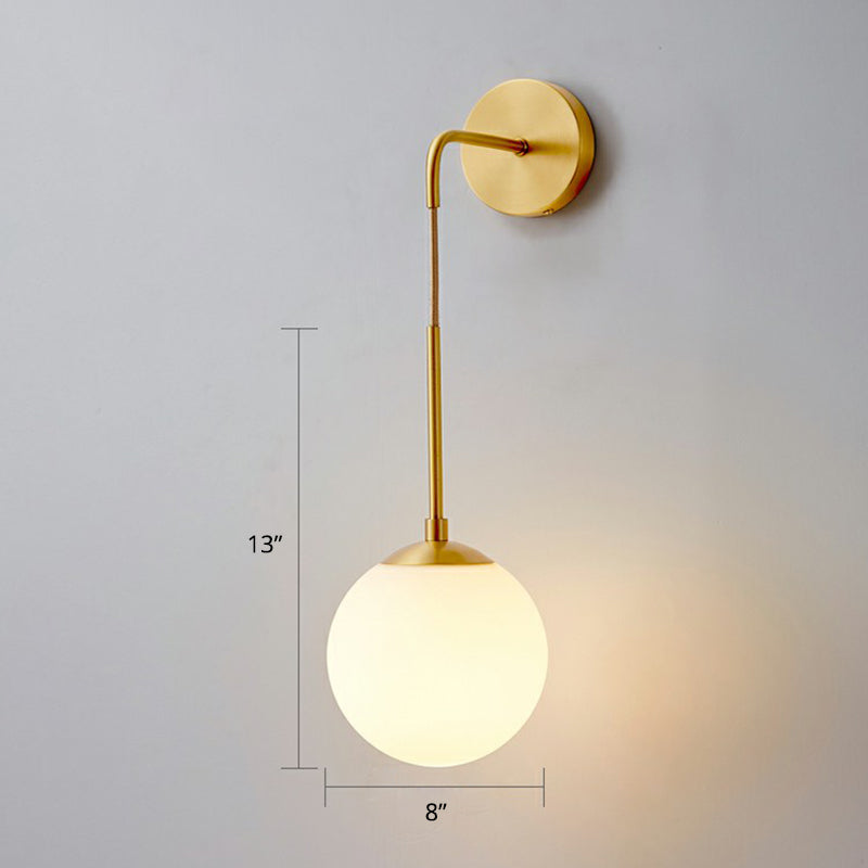 Global Wall Light Fixture Simplicity White Glass 1 Bulb Bedroom Sconce Lamp in Brass Brass 8" Clearhalo 'Cast Iron' 'Glass' 'Industrial' 'Modern wall lights' 'Modern' 'Tiffany' 'Traditional wall lights' 'Wall Lamps & Sconces' 'Wall Lights' Lighting' 2353456