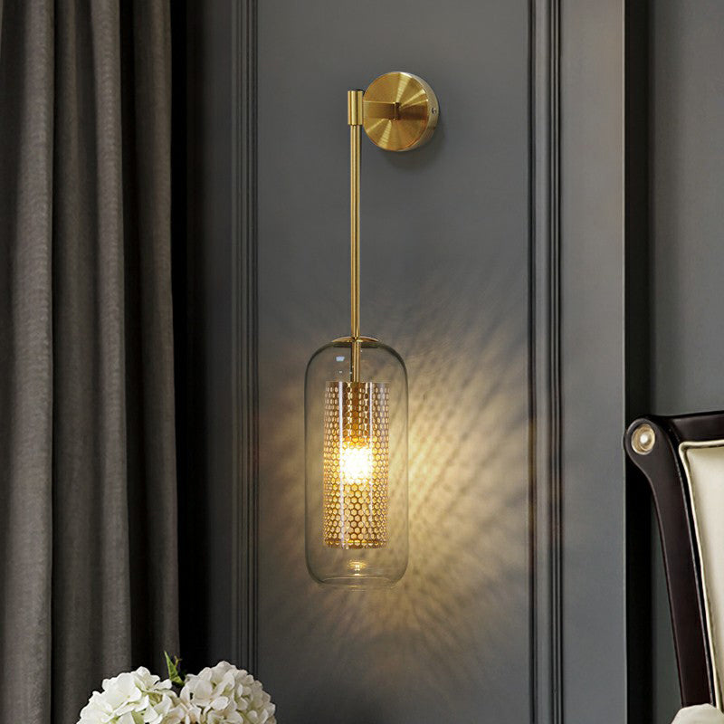 Postmodern Capsule Sconce Lighting Clear Glass 1 Head Stairs Wall Light with Wire Mesh Inner Clearhalo 'Cast Iron' 'Glass' 'Industrial' 'Modern wall lights' 'Modern' 'Tiffany' 'Traditional wall lights' 'Wall Lamps & Sconces' 'Wall Lights' Lighting' 2353463