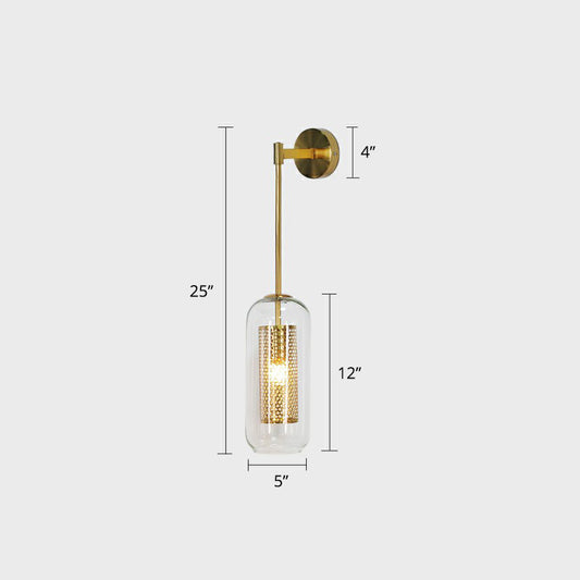 Postmodern Capsule Sconce Lighting Clear Glass 1 Head Stairs Wall Light with Wire Mesh Inner Gold Clearhalo 'Cast Iron' 'Glass' 'Industrial' 'Modern wall lights' 'Modern' 'Tiffany' 'Traditional wall lights' 'Wall Lamps & Sconces' 'Wall Lights' Lighting' 2353464