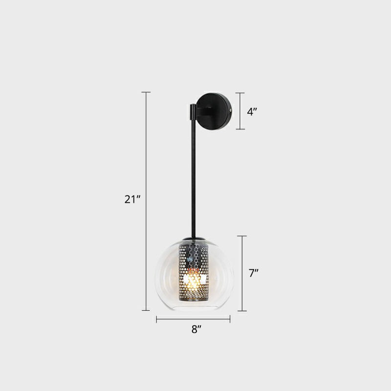 Postmodern Capsule Sconce Lighting Clear Glass 1 Head Stairs Wall Light with Wire Mesh Inner Black Clearhalo 'Cast Iron' 'Glass' 'Industrial' 'Modern wall lights' 'Modern' 'Tiffany' 'Traditional wall lights' 'Wall Lamps & Sconces' 'Wall Lights' Lighting' 2353465