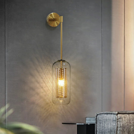 Postmodern Capsule Sconce Lighting Clear Glass 1 Head Stairs Wall Light with Wire Mesh Inner Clearhalo 'Cast Iron' 'Glass' 'Industrial' 'Modern wall lights' 'Modern' 'Tiffany' 'Traditional wall lights' 'Wall Lamps & Sconces' 'Wall Lights' Lighting' 2353466