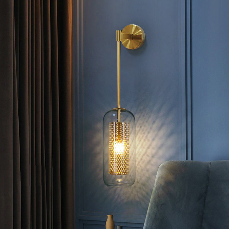 Postmodern Capsule Sconce Lighting Clear Glass 1 Head Stairs Wall Light with Wire Mesh Inner Clearhalo 'Cast Iron' 'Glass' 'Industrial' 'Modern wall lights' 'Modern' 'Tiffany' 'Traditional wall lights' 'Wall Lamps & Sconces' 'Wall Lights' Lighting' 2353467