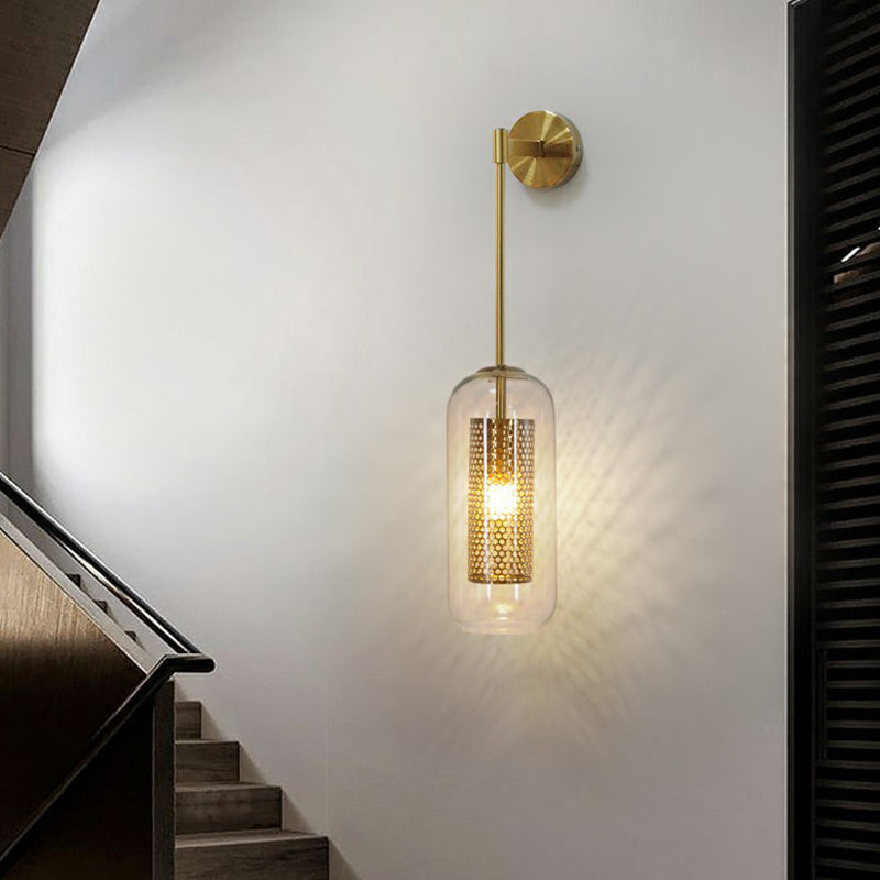 Postmodern Capsule Sconce Lighting Clear Glass 1 Head Stairs Wall Light with Wire Mesh Inner Clearhalo 'Cast Iron' 'Glass' 'Industrial' 'Modern wall lights' 'Modern' 'Tiffany' 'Traditional wall lights' 'Wall Lamps & Sconces' 'Wall Lights' Lighting' 2353468