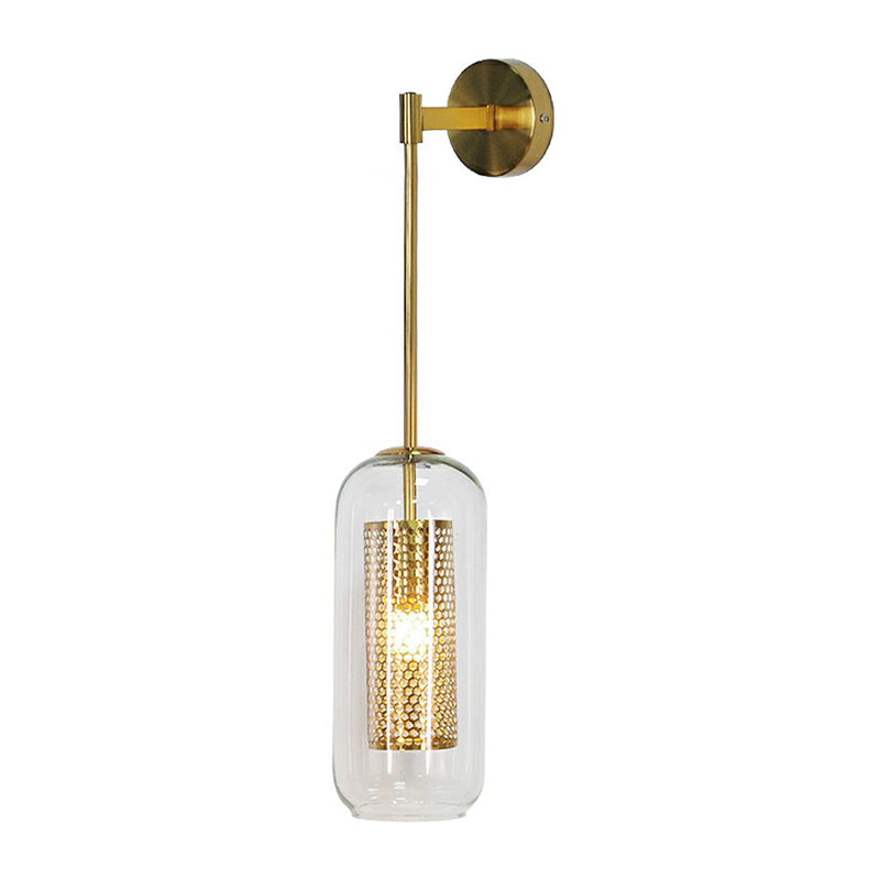 Postmodern Capsule Sconce Lighting Clear Glass 1 Head Stairs Wall Light with Wire Mesh Inner Clearhalo 'Cast Iron' 'Glass' 'Industrial' 'Modern wall lights' 'Modern' 'Tiffany' 'Traditional wall lights' 'Wall Lamps & Sconces' 'Wall Lights' Lighting' 2353469