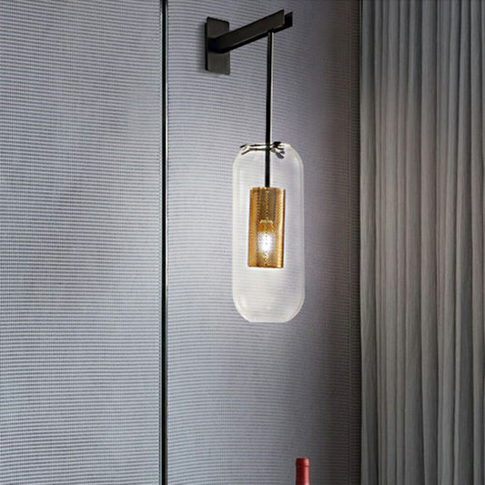 Pill Capsule Clear Glass Wall Sconce Postmodern 1-Light Wall Hanging Light with Mesh Cage Clearhalo 'Cast Iron' 'Glass' 'Industrial' 'Modern wall lights' 'Modern' 'Tiffany' 'Traditional wall lights' 'Wall Lamps & Sconces' 'Wall Lights' Lighting' 2353470