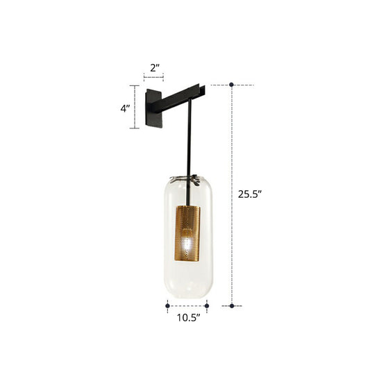 Pill Capsule Clear Glass Wall Sconce Postmodern 1-Light Wall Hanging Light with Mesh Cage Black Clearhalo 'Cast Iron' 'Glass' 'Industrial' 'Modern wall lights' 'Modern' 'Tiffany' 'Traditional wall lights' 'Wall Lamps & Sconces' 'Wall Lights' Lighting' 2353471