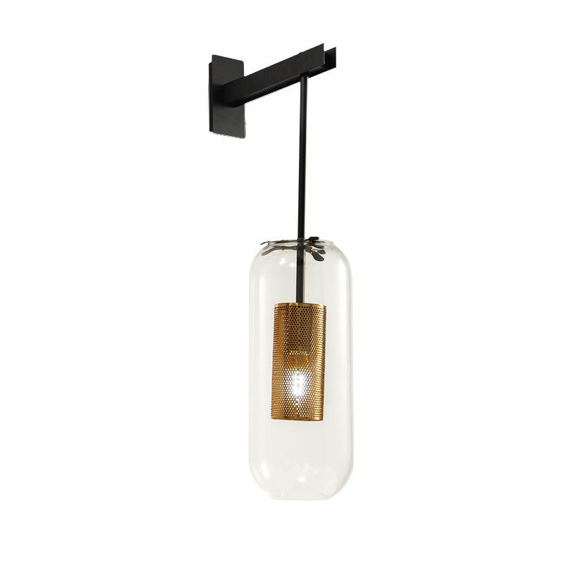 Pill Capsule Clear Glass Wall Sconce Postmodern 1-Light Wall Hanging Light with Mesh Cage Clearhalo 'Cast Iron' 'Glass' 'Industrial' 'Modern wall lights' 'Modern' 'Tiffany' 'Traditional wall lights' 'Wall Lamps & Sconces' 'Wall Lights' Lighting' 2353473