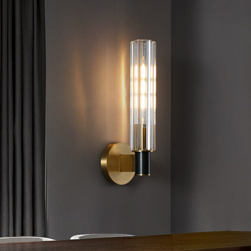Tubular Wall Light Sconce Minimalist Crystal Prism Brass Finish Wall Mount Light for Bedroom Clearhalo 'Cast Iron' 'Glass' 'Industrial' 'Modern wall lights' 'Modern' 'Tiffany' 'Traditional wall lights' 'Wall Lamps & Sconces' 'Wall Lights' Lighting' 2353483