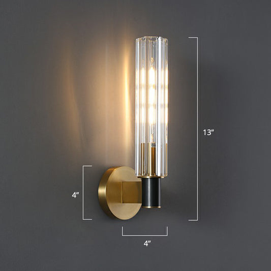 Tubular Wall Light Sconce Minimalist Crystal Prism Brass Finish Wall Mount Light for Bedroom 1.0 Brass Clearhalo 'Cast Iron' 'Glass' 'Industrial' 'Modern wall lights' 'Modern' 'Tiffany' 'Traditional wall lights' 'Wall Lamps & Sconces' 'Wall Lights' Lighting' 2353488