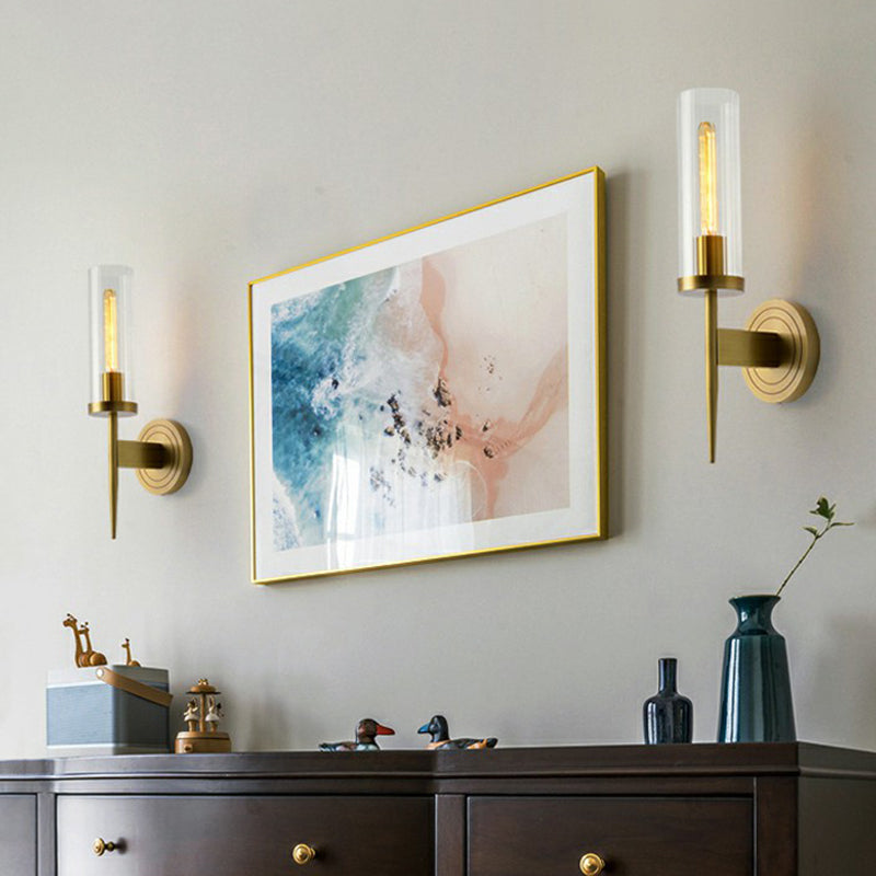 Prismatic Glass Tube Wall Light Postmodern Brass Finish Sconce Fixture for Living Room Clearhalo 'Cast Iron' 'Glass' 'Industrial' 'Modern wall lights' 'Modern' 'Tiffany' 'Traditional wall lights' 'Wall Lamps & Sconces' 'Wall Lights' Lighting' 2353489