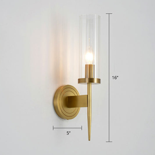 Prismatic Glass Tube Wall Light Postmodern Brass Finish Sconce Fixture for Living Room 1.0 Brass Clearhalo 'Cast Iron' 'Glass' 'Industrial' 'Modern wall lights' 'Modern' 'Tiffany' 'Traditional wall lights' 'Wall Lamps & Sconces' 'Wall Lights' Lighting' 2353490