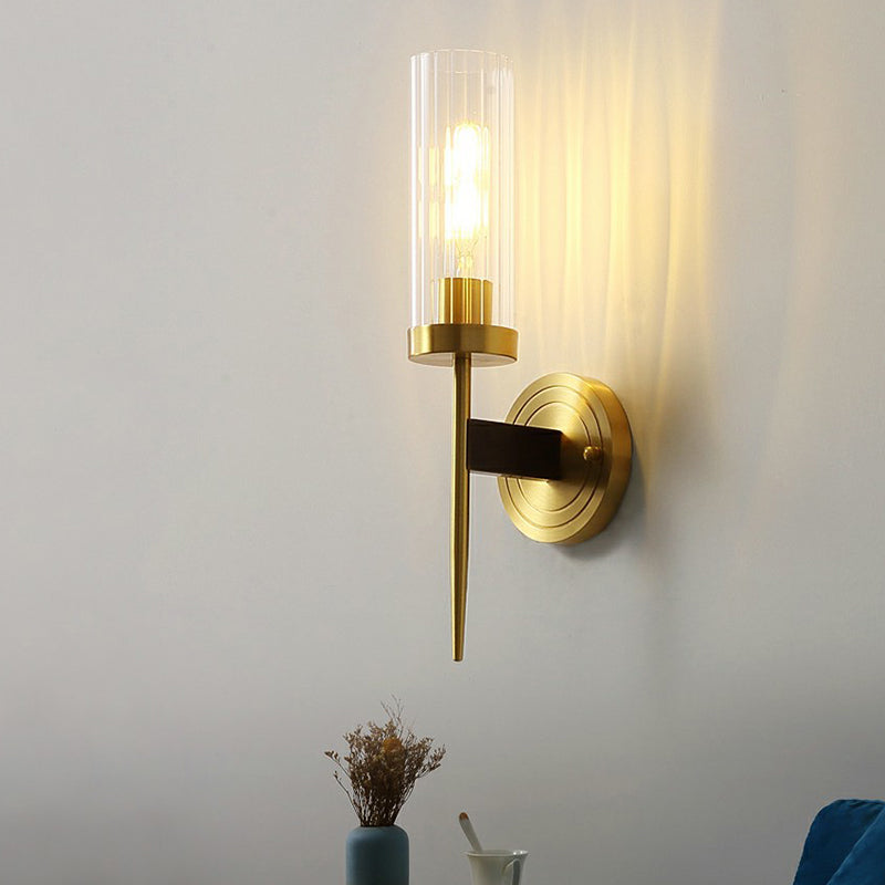 Prismatic Glass Tube Wall Light Postmodern Brass Finish Sconce Fixture for Living Room Clearhalo 'Cast Iron' 'Glass' 'Industrial' 'Modern wall lights' 'Modern' 'Tiffany' 'Traditional wall lights' 'Wall Lamps & Sconces' 'Wall Lights' Lighting' 2353492