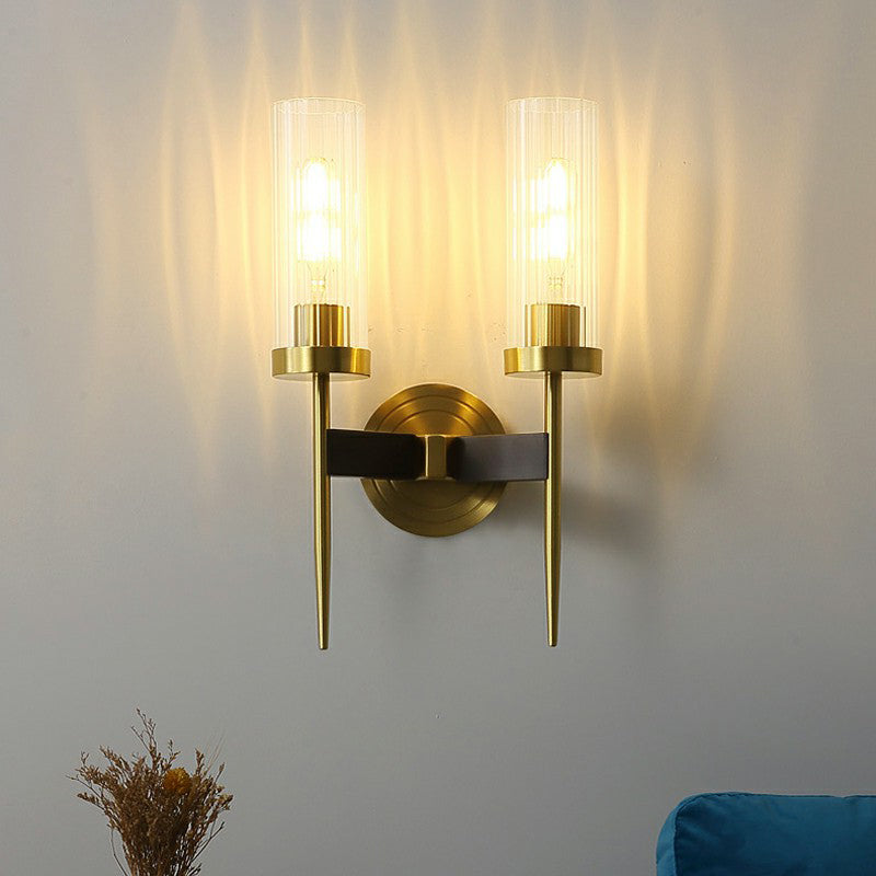 Prismatic Glass Tube Wall Light Postmodern Brass Finish Sconce Fixture for Living Room Clearhalo 'Cast Iron' 'Glass' 'Industrial' 'Modern wall lights' 'Modern' 'Tiffany' 'Traditional wall lights' 'Wall Lamps & Sconces' 'Wall Lights' Lighting' 2353493