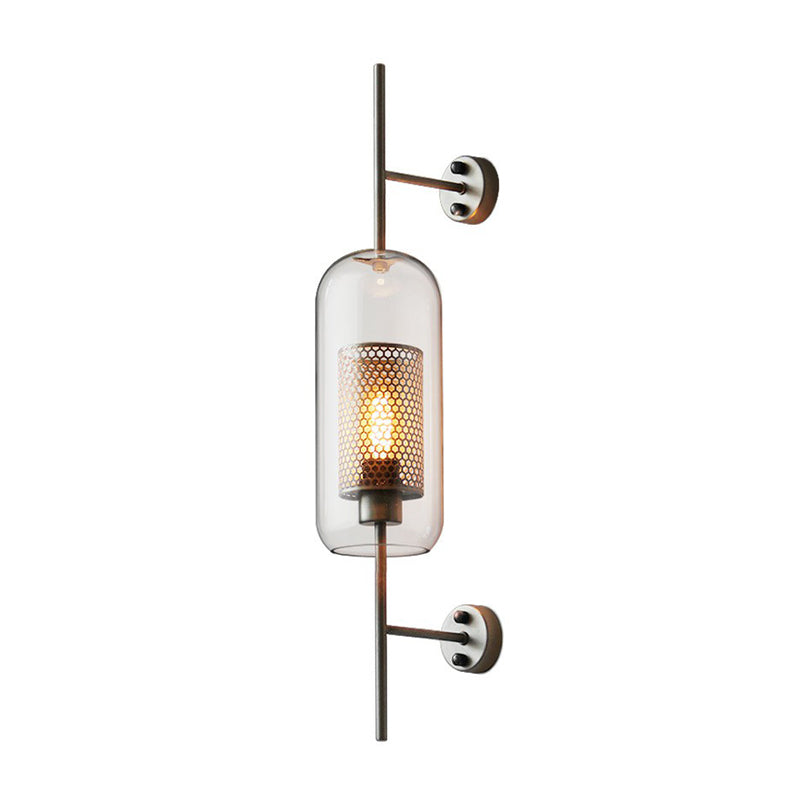 Iron Mesh Wall Mount Lamp Postmodern 1 Head Sconce Light with Capsule Clear Glass Shade Clearhalo 'Cast Iron' 'Glass' 'Industrial' 'Modern wall lights' 'Modern' 'Tiffany' 'Traditional wall lights' 'Wall Lamps & Sconces' 'Wall Lights' Lighting' 2353496