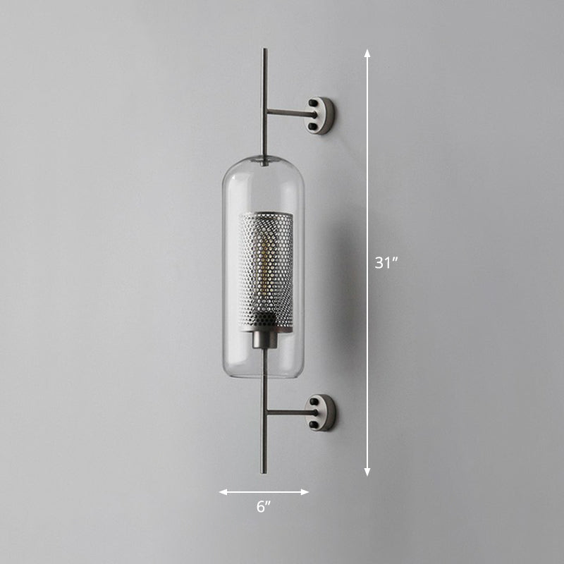 Iron Mesh Wall Mount Lamp Postmodern 1 Head Sconce Light with Capsule Clear Glass Shade Silver Gray 6" Clearhalo 'Cast Iron' 'Glass' 'Industrial' 'Modern wall lights' 'Modern' 'Tiffany' 'Traditional wall lights' 'Wall Lamps & Sconces' 'Wall Lights' Lighting' 2353497