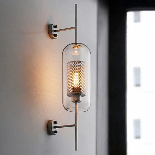 Iron Mesh Wall Mount Lamp Postmodern 1 Head Sconce Light with Capsule Clear Glass Shade Clearhalo 'Cast Iron' 'Glass' 'Industrial' 'Modern wall lights' 'Modern' 'Tiffany' 'Traditional wall lights' 'Wall Lamps & Sconces' 'Wall Lights' Lighting' 2353498