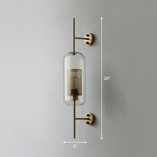 Iron Mesh Wall Mount Lamp Postmodern 1 Head Sconce Light with Capsule Clear Glass Shade Bronze 5" Clearhalo 'Cast Iron' 'Glass' 'Industrial' 'Modern wall lights' 'Modern' 'Tiffany' 'Traditional wall lights' 'Wall Lamps & Sconces' 'Wall Lights' Lighting' 2353499