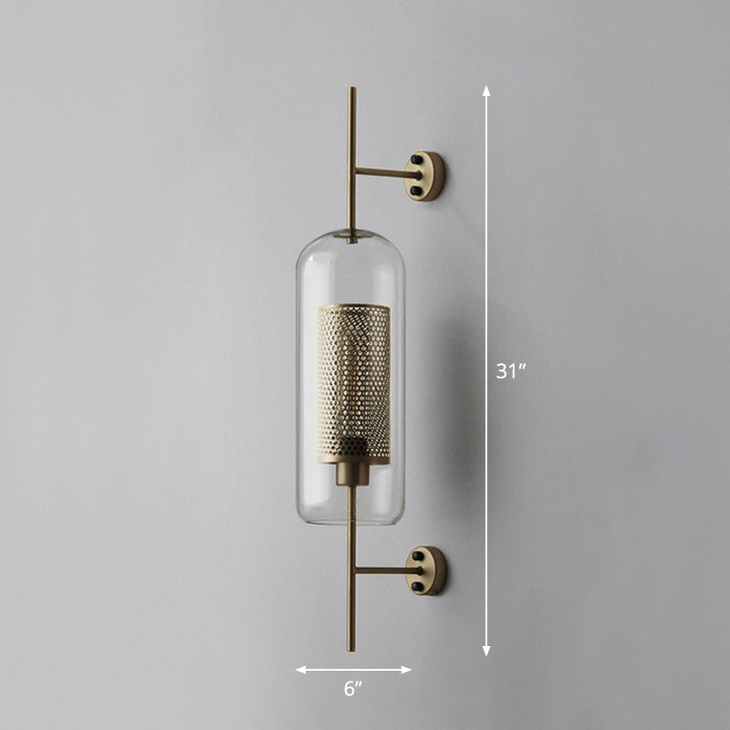 Iron Mesh Wall Mount Lamp Postmodern 1 Head Sconce Light with Capsule Clear Glass Shade Bronze 6" Clearhalo 'Cast Iron' 'Glass' 'Industrial' 'Modern wall lights' 'Modern' 'Tiffany' 'Traditional wall lights' 'Wall Lamps & Sconces' 'Wall Lights' Lighting' 2353500