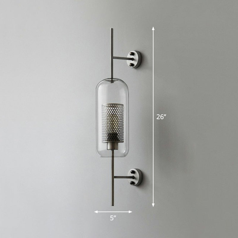 Iron Mesh Wall Mount Lamp Postmodern 1 Head Sconce Light with Capsule Clear Glass Shade Silver Gray 5" Clearhalo 'Cast Iron' 'Glass' 'Industrial' 'Modern wall lights' 'Modern' 'Tiffany' 'Traditional wall lights' 'Wall Lamps & Sconces' 'Wall Lights' Lighting' 2353501