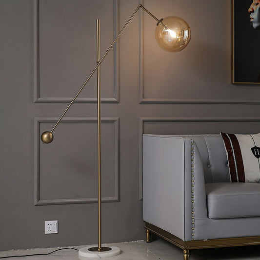 Amber Glass Sphere Floor Lamp Simplicity 1-Light Bronze Standing Light with Balance Arm Bronze Clearhalo 'Floor Lamps' 'Lamps' Lighting' 2353503