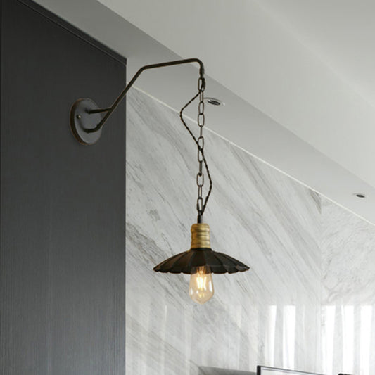 Black Scalloped Wall Hanging Light Vintage Stylish Metallic 1 Bulb Dining Table Wall Sconce Light, 10"/14" Width Black 10" Clearhalo 'Art deco wall lights' 'Cast Iron' 'Glass' 'Industrial wall lights' 'Industrial' 'Middle century wall lights' 'Modern' 'Rustic wall lights' 'Tiffany' 'Traditional wall lights' 'Wall Lamps & Sconces' 'Wall Lights' Lighting' 235360