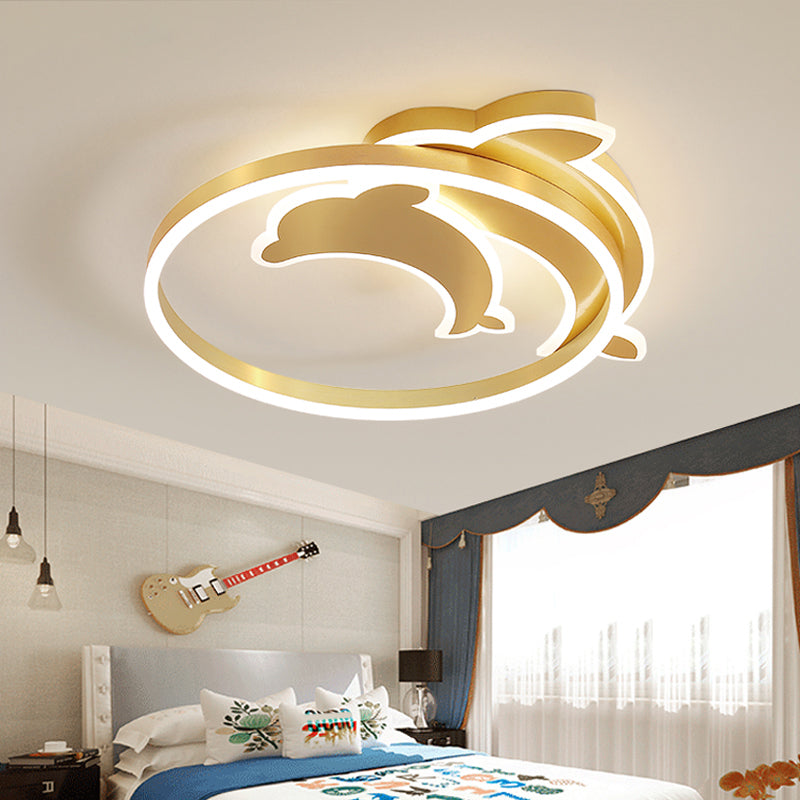 Childrens Ceiling Light Gold Dolphin and Loop Led Flush Mount Fixture with Acrylic Shade Clearhalo 'Ceiling Lights' 'Close To Ceiling Lights' 'Close to ceiling' 'Flush mount' Lighting' 2353610