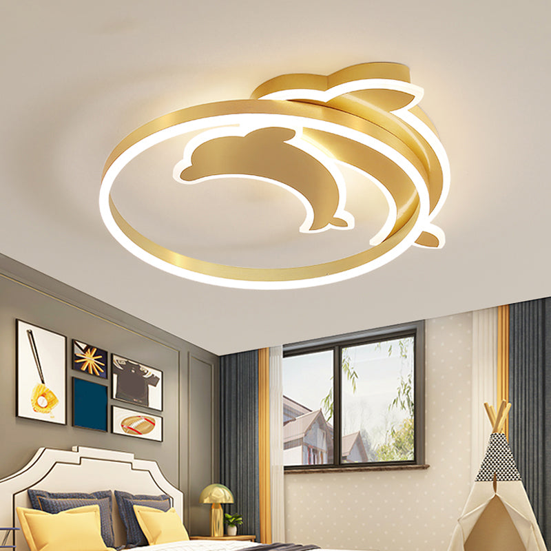 Childrens Ceiling Light Gold Dolphin and Loop Led Flush Mount Fixture with Acrylic Shade Clearhalo 'Ceiling Lights' 'Close To Ceiling Lights' 'Close to ceiling' 'Flush mount' Lighting' 2353611