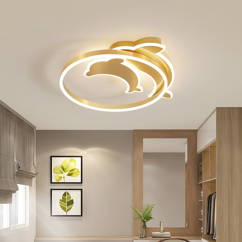 Childrens Ceiling Light Gold Dolphin and Loop Led Flush Mount Fixture with Acrylic Shade Clearhalo 'Ceiling Lights' 'Close To Ceiling Lights' 'Close to ceiling' 'Flush mount' Lighting' 2353612