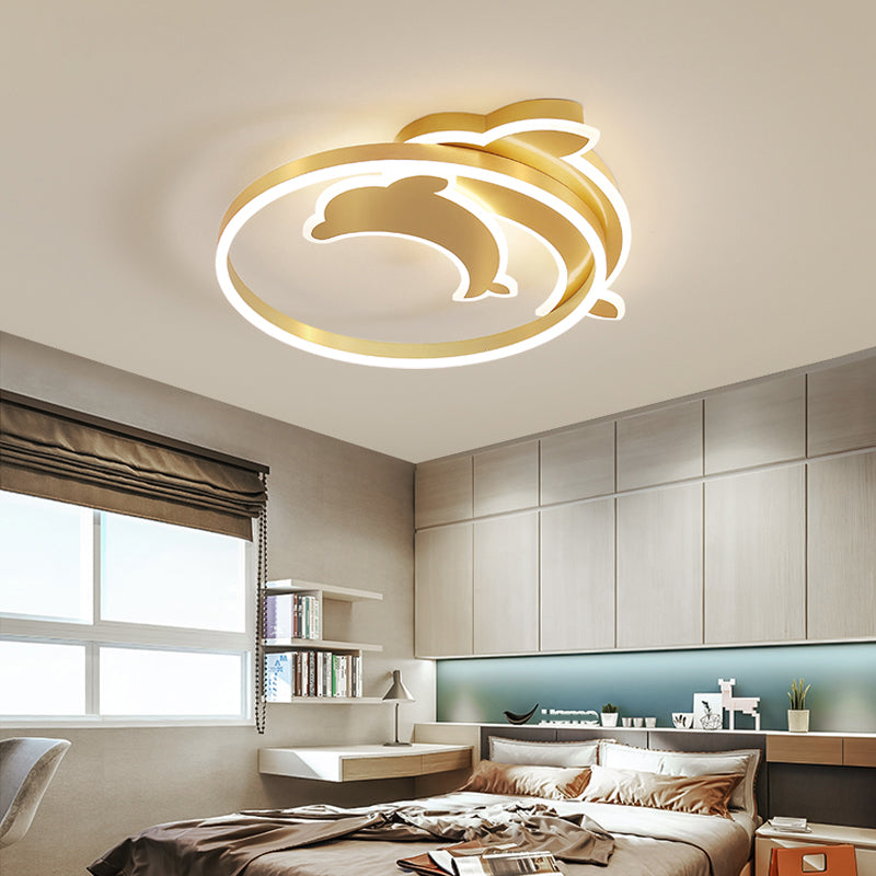 Childrens Ceiling Light Gold Dolphin and Loop Led Flush Mount Fixture with Acrylic Shade Clearhalo 'Ceiling Lights' 'Close To Ceiling Lights' 'Close to ceiling' 'Flush mount' Lighting' 2353613