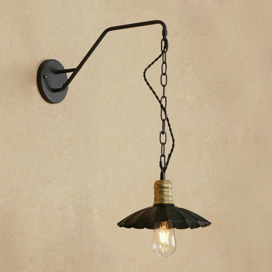 Black Scalloped Wall Hanging Light Vintage Stylish Metallic 1 Bulb Dining Table Wall Sconce Light, 10"/14" Width Clearhalo 'Art deco wall lights' 'Cast Iron' 'Glass' 'Industrial wall lights' 'Industrial' 'Middle century wall lights' 'Modern' 'Rustic wall lights' 'Tiffany' 'Traditional wall lights' 'Wall Lamps & Sconces' 'Wall Lights' Lighting' 235361