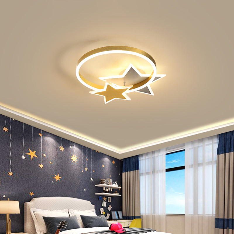 Gold Star and Circle LED Ceiling Flush Childrens Metal Flush Mount Light Fixture for Kids Room Gold Remote Control Stepless Dimming Clearhalo 'Ceiling Lights' 'Close To Ceiling Lights' 'Close to ceiling' 'Flush mount' Lighting' 2353663