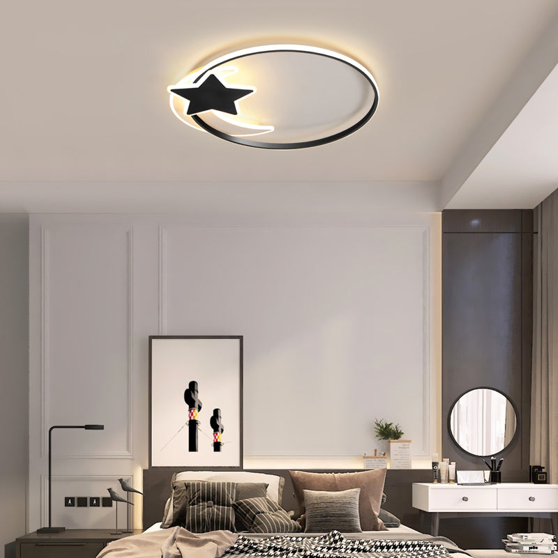 Black Ring LED Ceiling Flush Light Simplicity Metal Flush Mount Lamp with Moon and Star Decor Black Clearhalo 'Ceiling Lights' 'Close To Ceiling Lights' 'Close to ceiling' 'Flush mount' Lighting' 2353667