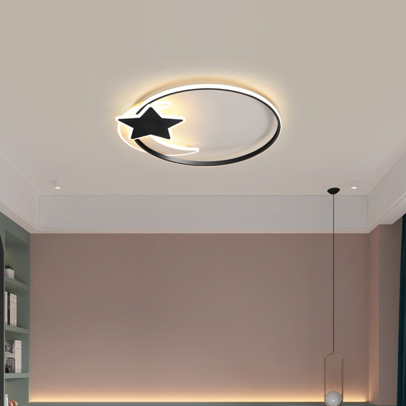Black Ring LED Ceiling Flush Light Simplicity Metal Flush Mount Lamp with Moon and Star Decor Clearhalo 'Ceiling Lights' 'Close To Ceiling Lights' 'Close to ceiling' 'Flush mount' Lighting' 2353668