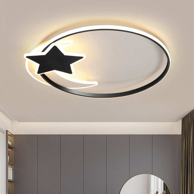 Black Ring LED Ceiling Flush Light Simplicity Metal Flush Mount Lamp with Moon and Star Decor Clearhalo 'Ceiling Lights' 'Close To Ceiling Lights' 'Close to ceiling' 'Flush mount' Lighting' 2353669