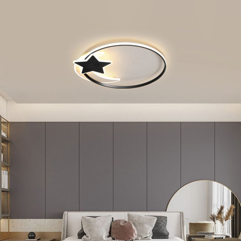 Black Ring LED Ceiling Flush Light Simplicity Metal Flush Mount Lamp with Moon and Star Decor Clearhalo 'Ceiling Lights' 'Close To Ceiling Lights' 'Close to ceiling' 'Flush mount' Lighting' 2353670
