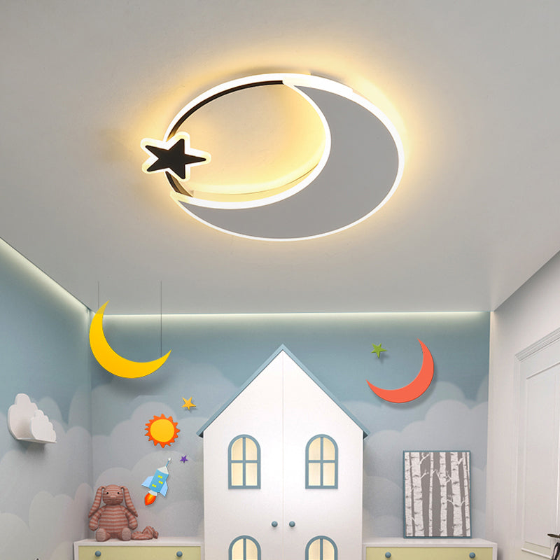 Acrylic Moon and Star Ceiling Fixture Childrens Black-White LED Flush Mount Light for Bedroom Black-White Remote Control Stepless Dimming Clearhalo 'Ceiling Lights' 'Close To Ceiling Lights' 'Close to ceiling' 'Flush mount' Lighting' 2353672