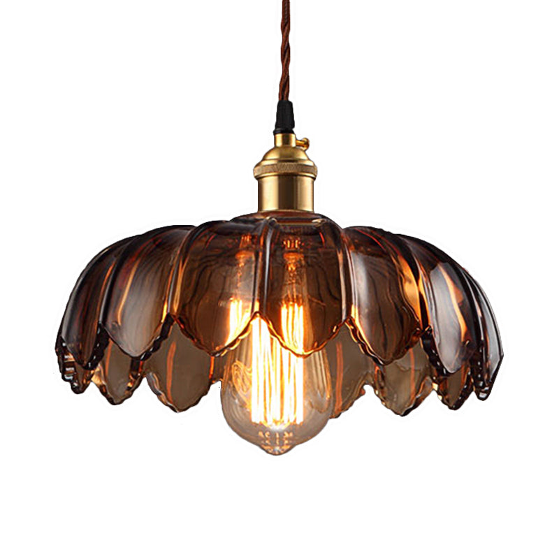 Scalloped Ceiling Lighting Industrial 1 Light 8"/10"/12" Wide Brown Glass Hanging Lamp Clearhalo 'Ceiling Lights' 'Close To Ceiling Lights' 'Glass shade' 'Glass' 'Industrial Pendants' 'Industrial' 'Middle Century Pendants' 'Pendant Lights' 'Pendants' 'Tiffany' Lighting' 235369