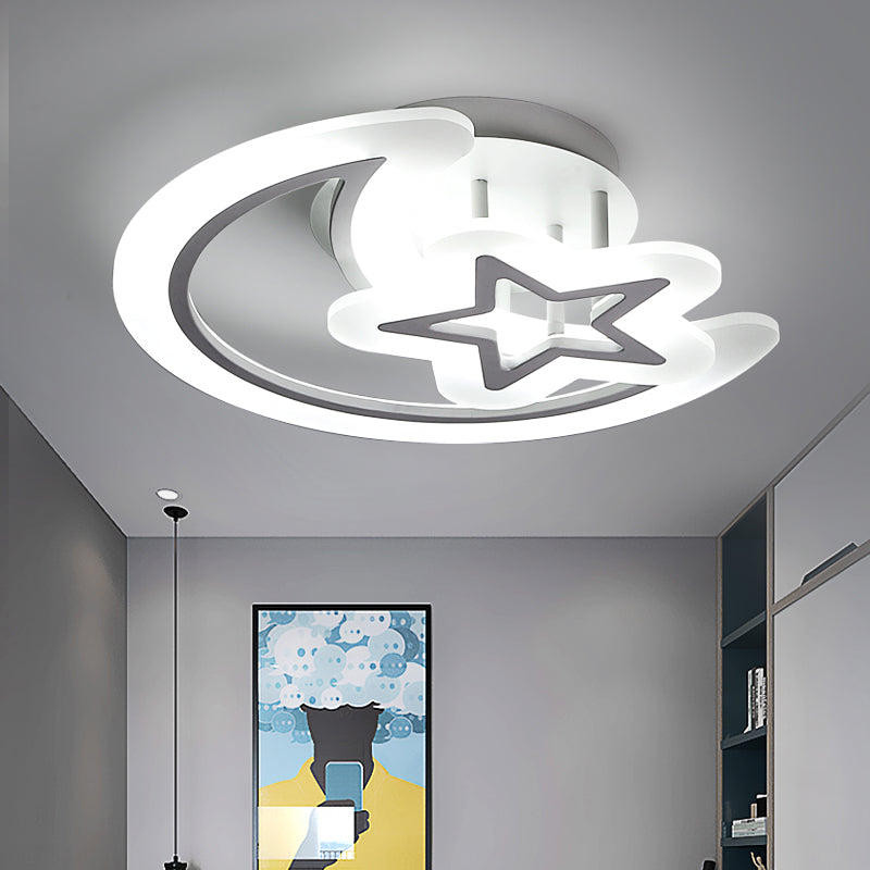 Moon and Star Acrylic Ceiling Lamp Kids Style White LED Semi Flush Mount Light for Bedroom White White Clearhalo 'Ceiling Lights' 'Close To Ceiling Lights' 'Close to ceiling' 'Semi-flushmount' Lighting' 2353694