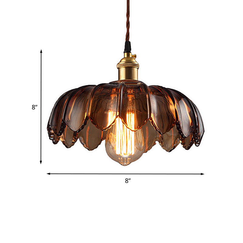 Scalloped Ceiling Lighting Industrial 1 Light 8"/10"/12" Wide Brown Glass Hanging Lamp Clearhalo 'Ceiling Lights' 'Close To Ceiling Lights' 'Glass shade' 'Glass' 'Industrial Pendants' 'Industrial' 'Middle Century Pendants' 'Pendant Lights' 'Pendants' 'Tiffany' Lighting' 235370