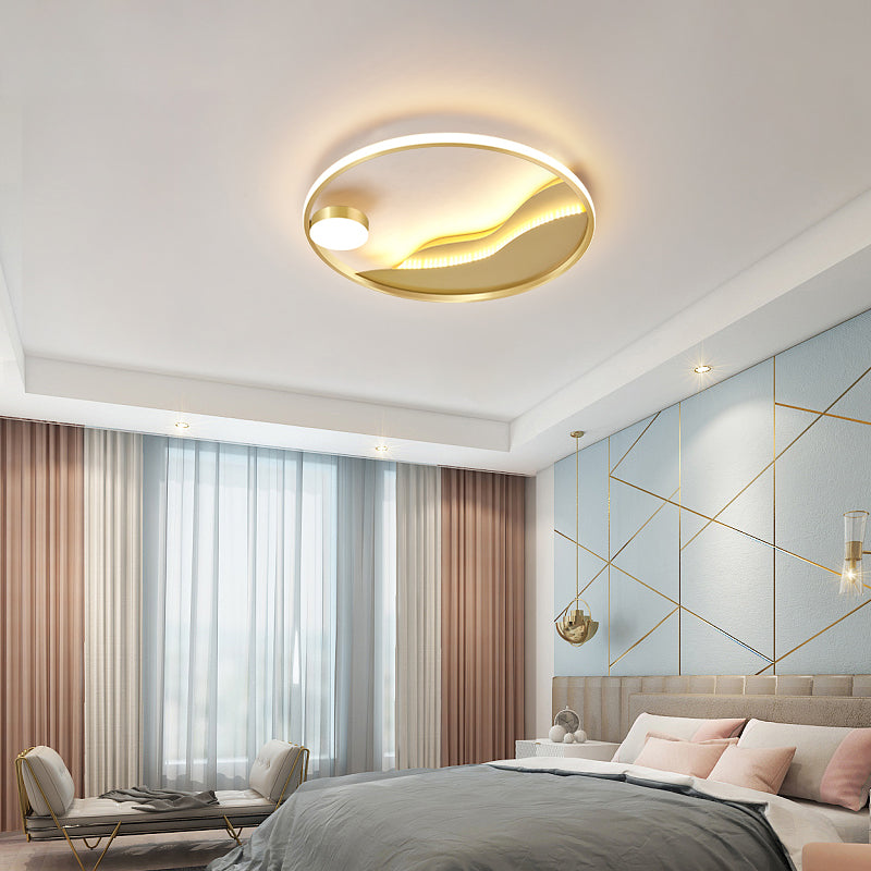 Minimalistic Abstract Art Round Flush Mount Metal Bedroom LED Ceiling Light in Gold Gold 19.5" White Clearhalo 'Ceiling Lights' 'Close To Ceiling Lights' 'Close to ceiling' 'Flush mount' Lighting' 2353713