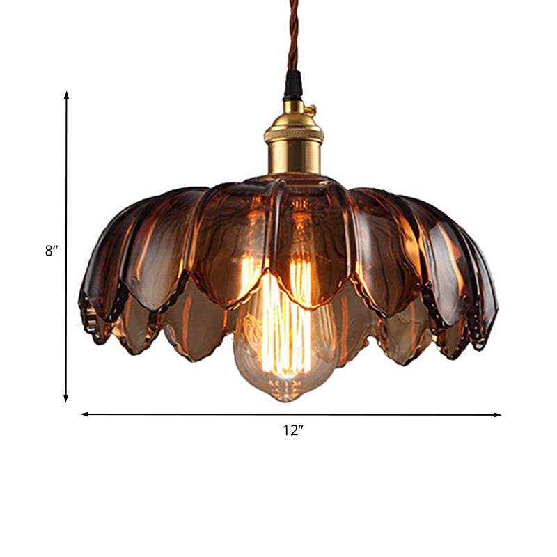 Scalloped Ceiling Lighting Industrial 1 Light 8"/10"/12" Wide Brown Glass Hanging Lamp Clearhalo 'Ceiling Lights' 'Close To Ceiling Lights' 'Glass shade' 'Glass' 'Industrial Pendants' 'Industrial' 'Middle Century Pendants' 'Pendant Lights' 'Pendants' 'Tiffany' Lighting' 235372