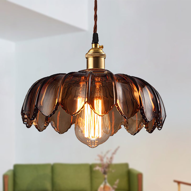 Scalloped Ceiling Lighting Industrial 1 Light 8"/10"/12" Wide Brown Glass Hanging Lamp Clearhalo 'Ceiling Lights' 'Close To Ceiling Lights' 'Glass shade' 'Glass' 'Industrial Pendants' 'Industrial' 'Middle Century Pendants' 'Pendant Lights' 'Pendants' 'Tiffany' Lighting' 235374