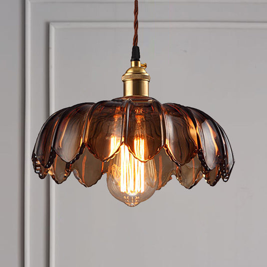 Scalloped Ceiling Lighting Industrial 1 Light 8"/10"/12" Wide Brown Glass Hanging Lamp Clearhalo 'Ceiling Lights' 'Close To Ceiling Lights' 'Glass shade' 'Glass' 'Industrial Pendants' 'Industrial' 'Middle Century Pendants' 'Pendant Lights' 'Pendants' 'Tiffany' Lighting' 235375