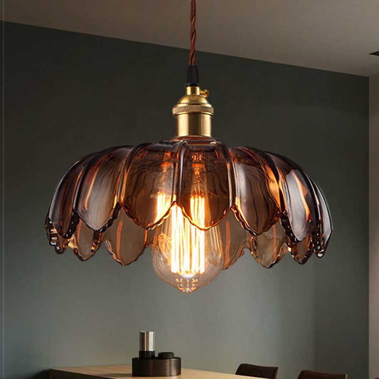 Scalloped Ceiling Lighting Industrial 1 Light 8"/10"/12" Wide Brown Glass Hanging Lamp Clearhalo 'Ceiling Lights' 'Close To Ceiling Lights' 'Glass shade' 'Glass' 'Industrial Pendants' 'Industrial' 'Middle Century Pendants' 'Pendant Lights' 'Pendants' 'Tiffany' Lighting' 235376