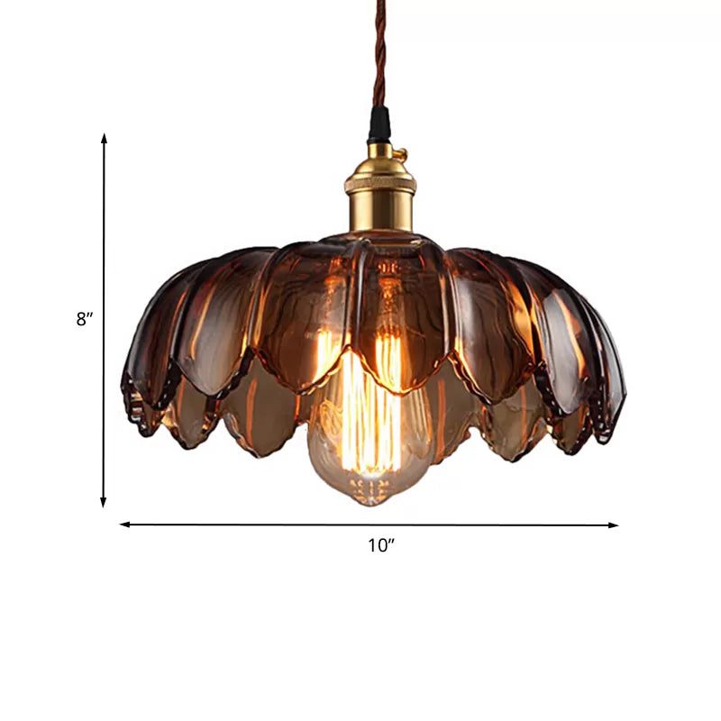 Scalloped Ceiling Lighting Industrial 1 Light 8"/10"/12" Wide Brown Glass Hanging Lamp Clearhalo 'Ceiling Lights' 'Close To Ceiling Lights' 'Glass shade' 'Glass' 'Industrial Pendants' 'Industrial' 'Middle Century Pendants' 'Pendant Lights' 'Pendants' 'Tiffany' Lighting' 235378