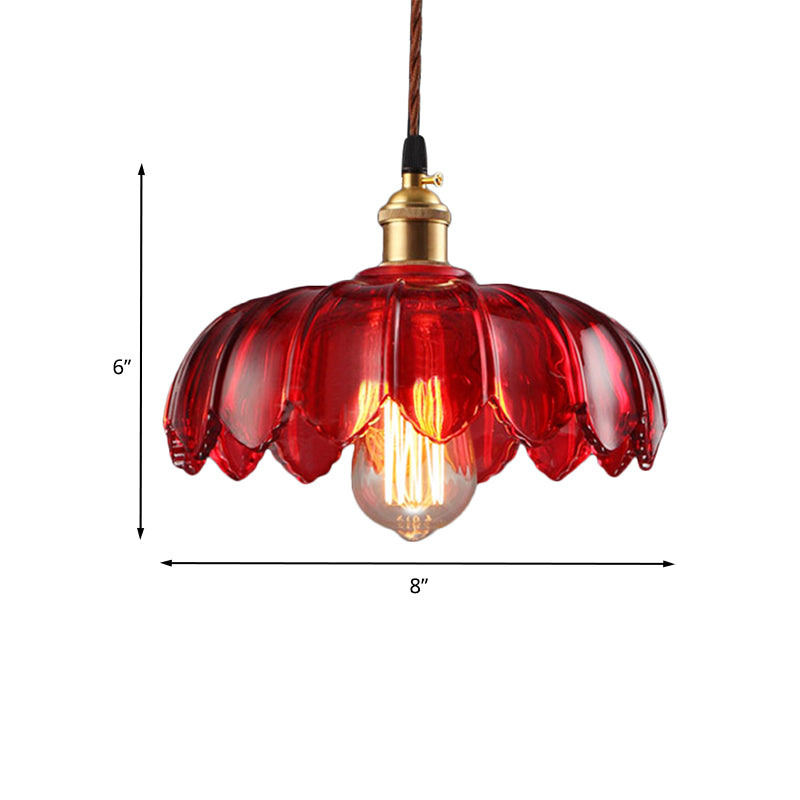 Scalloped Pendant Lamp Industrial 1 Light Red Glass Hanging Ceiling Light for Living Room, 8"/10"/12" Wide Clearhalo 'Ceiling Lights' 'Glass shade' 'Glass' 'Industrial Pendants' 'Industrial' 'Middle Century Pendants' 'Pendant Lights' 'Pendants' 'Tiffany' Lighting' 235379