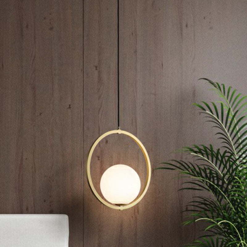 Ball Opaque Glass Ceiling Suspension Lamp Simplicity Single Brass Drop Pendant with Metal Ring Clearhalo 'Ceiling Lights' 'Modern Pendants' 'Modern' 'Pendant Lights' 'Pendants' Lighting' 2353851