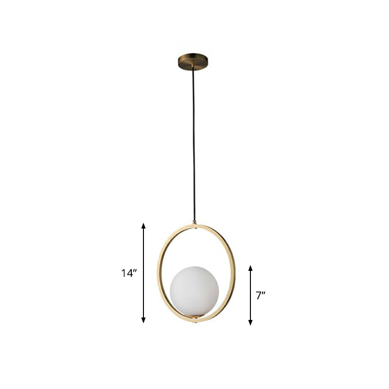 Ball Opaque Glass Ceiling Suspension Lamp Simplicity Single Brass Drop Pendant with Metal Ring Brass 14" Clearhalo 'Ceiling Lights' 'Modern Pendants' 'Modern' 'Pendant Lights' 'Pendants' Lighting' 2353852