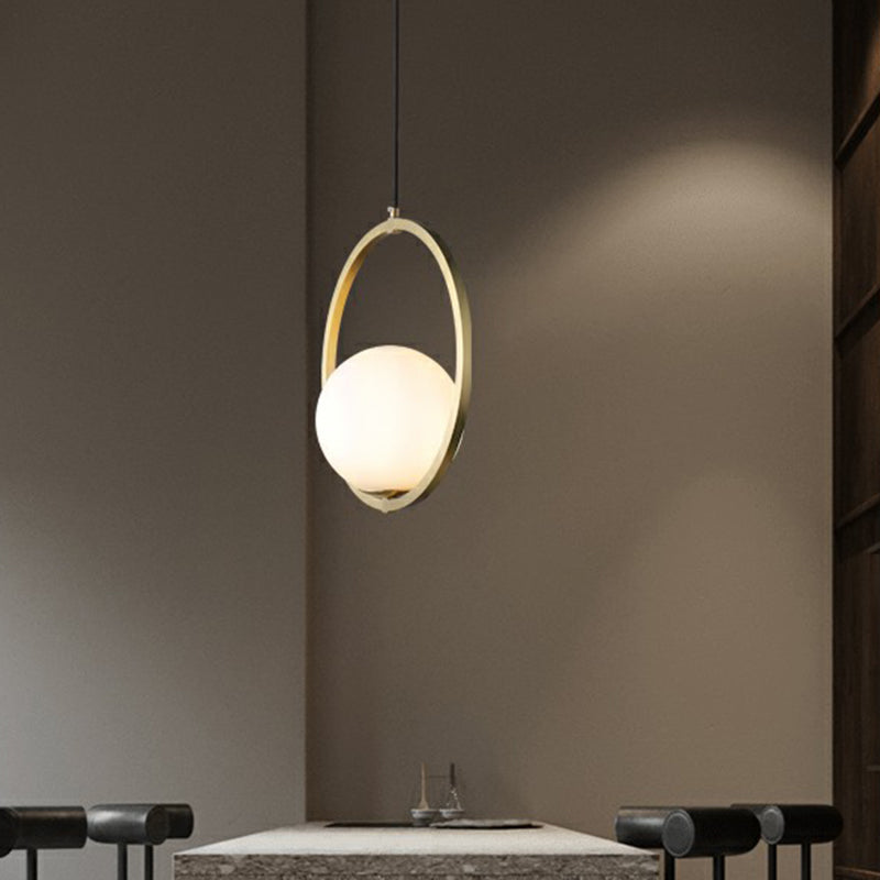 Ball Opaque Glass Ceiling Suspension Lamp Simplicity Single Brass Drop Pendant with Metal Ring Clearhalo 'Ceiling Lights' 'Modern Pendants' 'Modern' 'Pendant Lights' 'Pendants' Lighting' 2353855